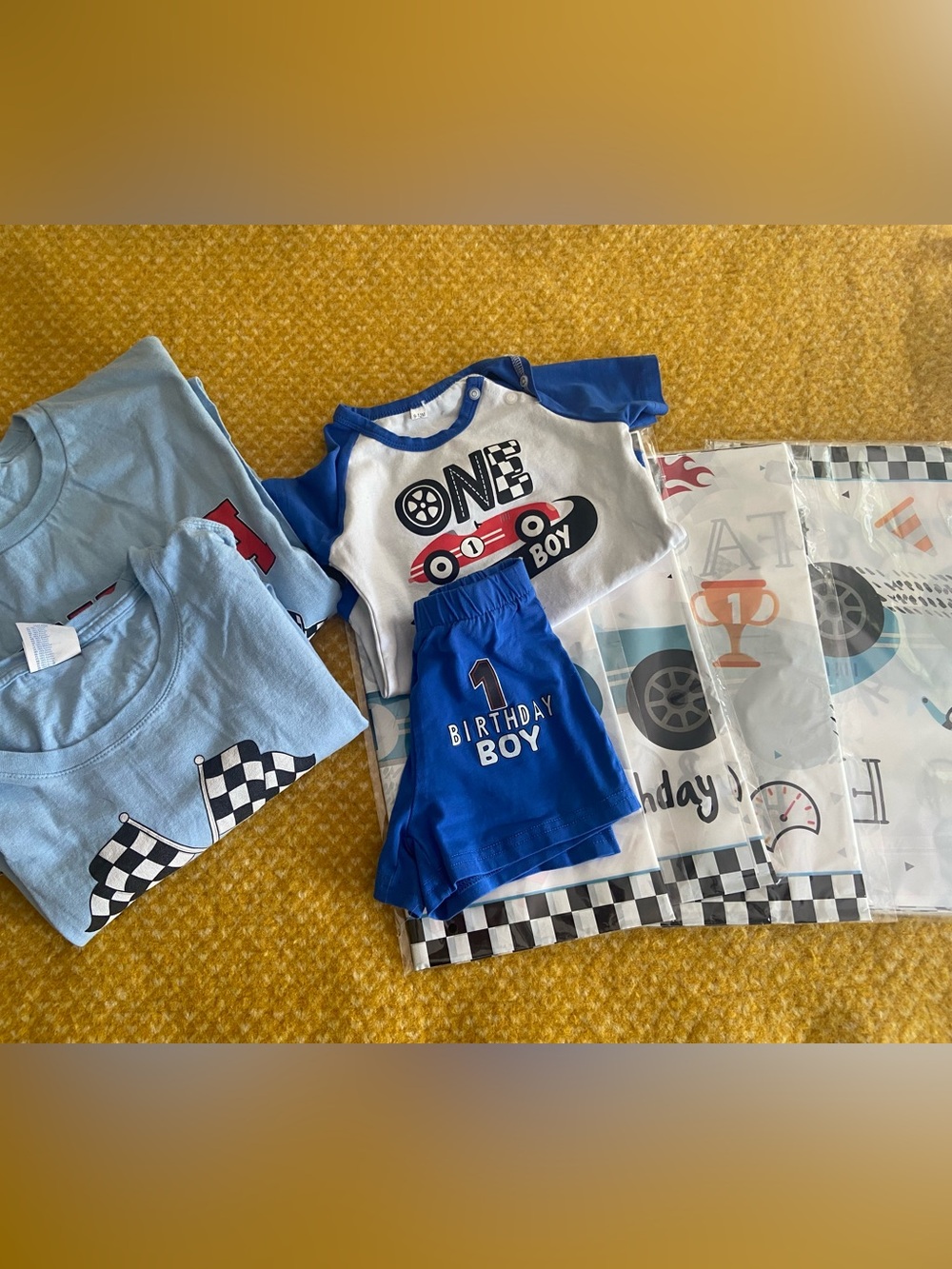 New One Birthday Boy Blue Racing Outfit